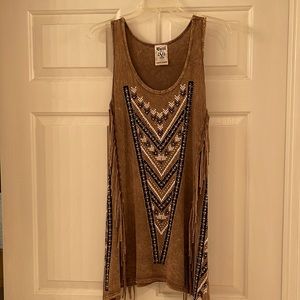 Sleeveless tunic by Vocal. Very detailed. Distressed brown with fringe on sides.